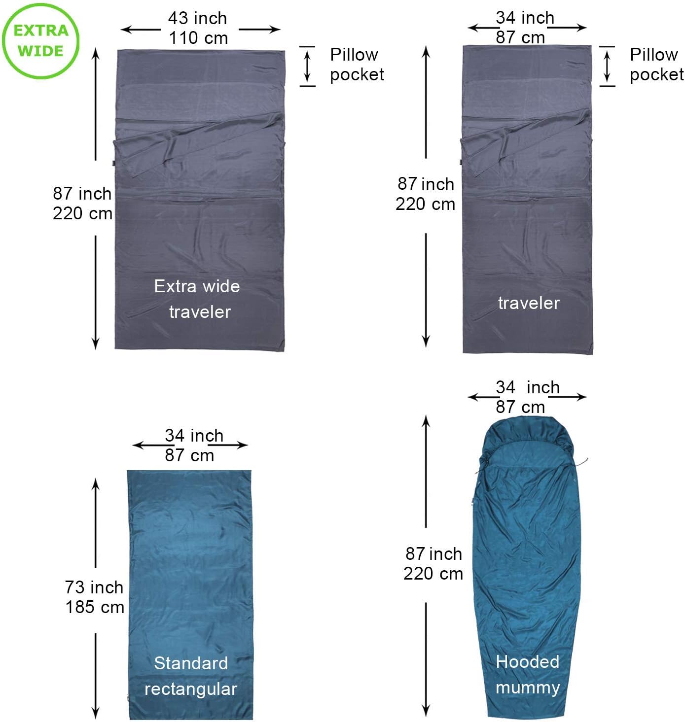 Browint Silk Sleeping Bag Liner, Silk Sleep Sheet, Sack, Extra Wide 87"x43", Lightweight Travel and Camping Sheet for Hotel, More Colors for Option, Reinforced Gussets, Pillow Pocket : Sports & Outdoors