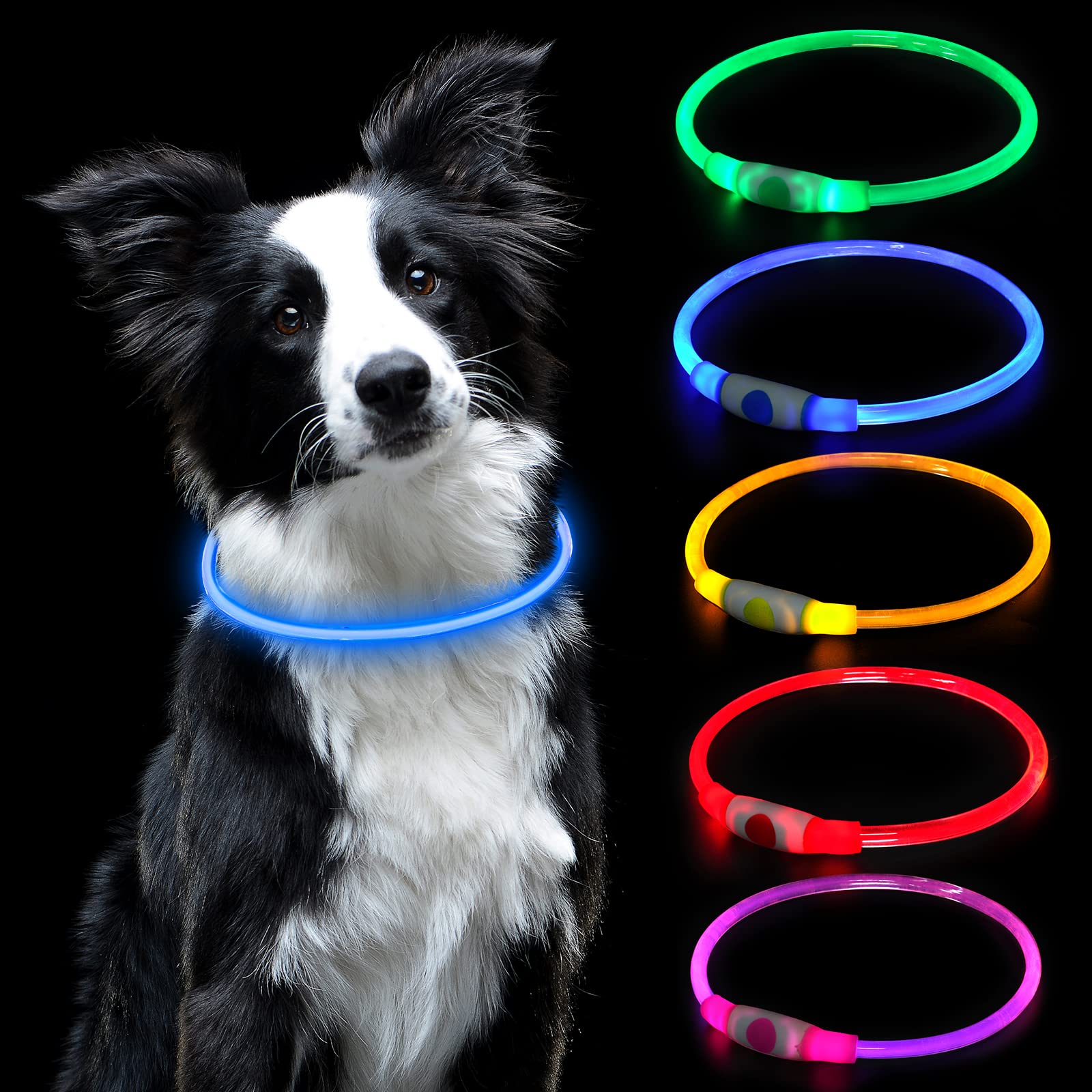 AUAUY LED Light Up Dog Collar, Pets Flashing Collar, Dog Collar Light for the Dark, USB Rechargeable Water Resistant Reflective Collar for the Can Arbitrarily Cut Collars Fits Any Cats and Dogs-Blue — image 1