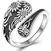 Sunflower Spoon Ring - Sterling Silver Vintage Adjustable Antique Spoon Rings for Women Boho Flower Wide Thumb Ring