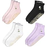 ERMO NKES 4 Pairs Pilates Grip Short Socks for Women Yoga Non Slip Cute Ruffle Ankle Barre Socks.
