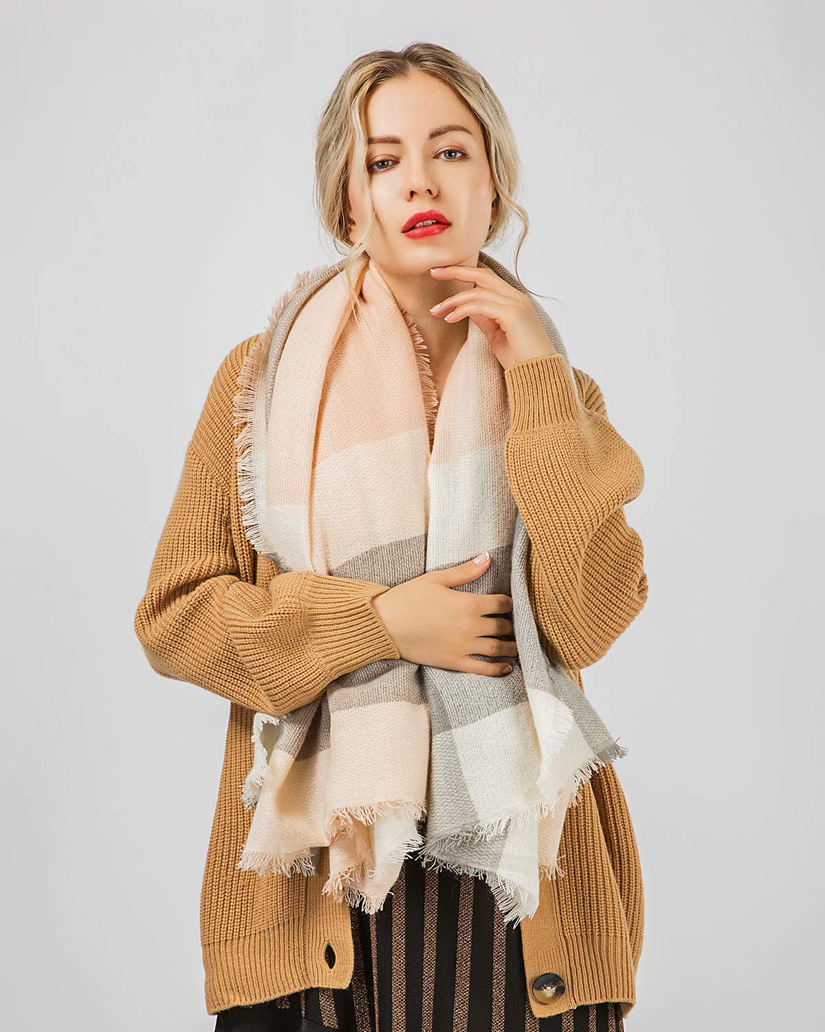 Womens Big Square Scarf Multi-Color Plaid Blanket Shawl Long Tartan Shawl (Pink)