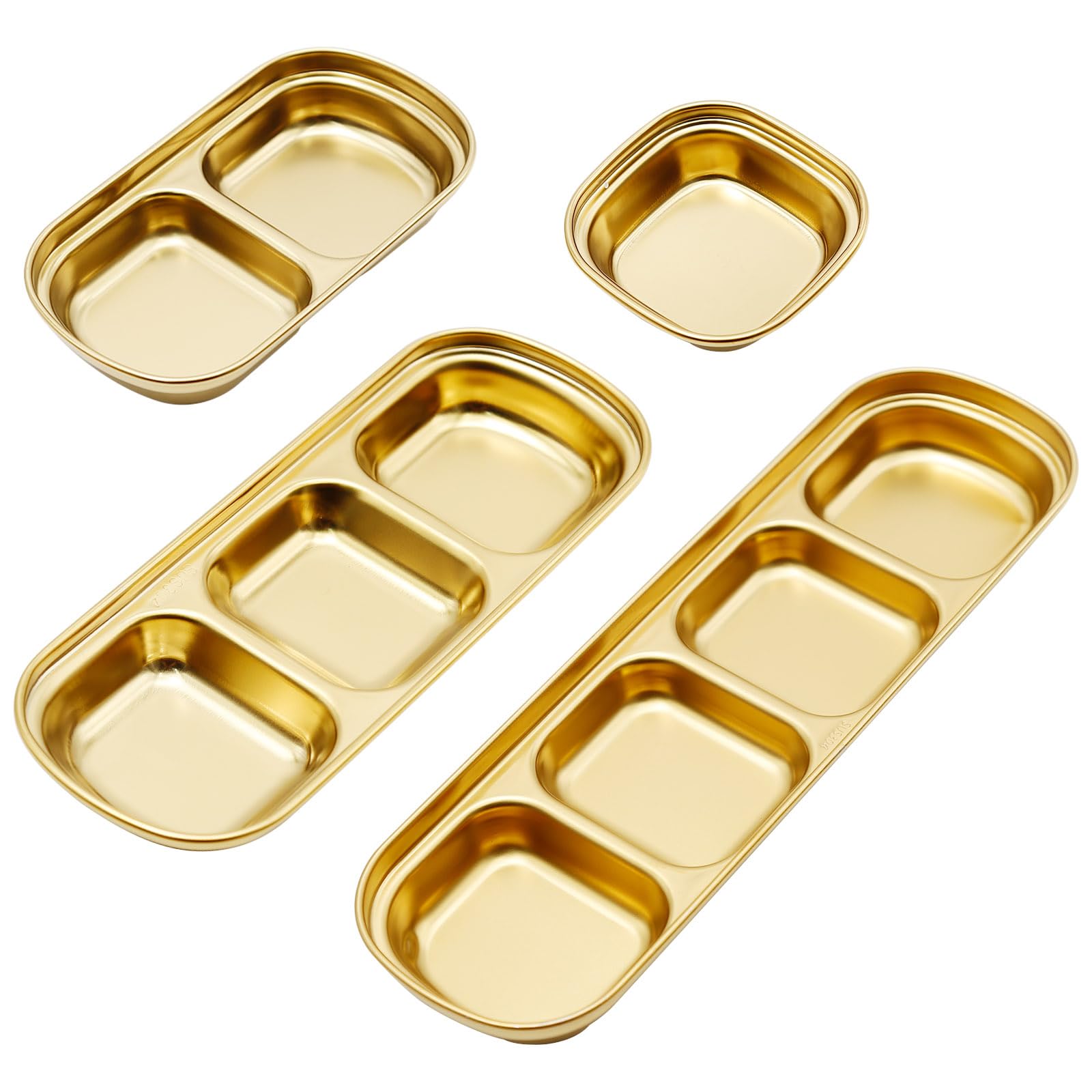 Photo 1 of 4 Pcs Stainless Steel Sauce Dish, Divided Dipping Plates, Divided Seasoning Sauce Dip Bowl, 1/2/3/4 Compartment Sauce Vinegar Seasoning Dishes, Vinegar Soy Spice Condiment Tray for Home Restaurant