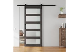 LDB_BUILDING 48 x 84 in Frosted Glass and Manufactured Paneled Wood Barn Door with Installation Hardware Kit