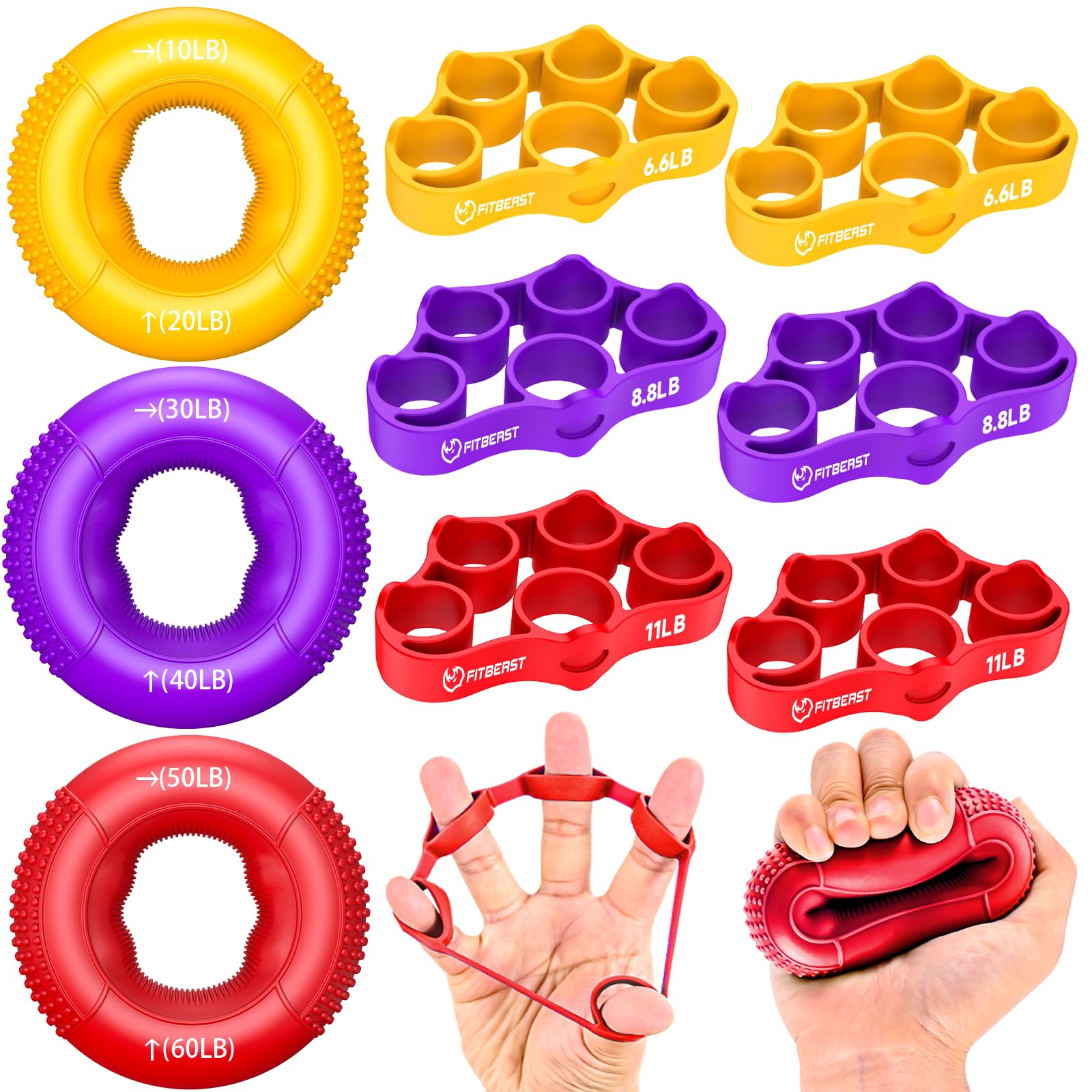 FitBeast Grip Strength Trainer, Finger Exerciser, Forearm Strengthener 9-Piece Kit, Hand Grip Strengthener Targeted Strength, Relief & Recovery (Red)
