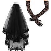 Semato Black Gloves and Black Veils for Women Bride Wedding Halloween Costume Party Accessories