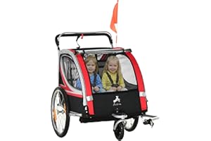Aosom 2 Seat Bike Trailer for Kids 2-in-1 Double Baby Stroller with Handbrake, Rubber Wheels, 5 Point Harness, Waterproof Cov
