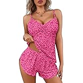 Ekouaer Women Pajamas Set Cami Shorts Set Soft V Neck Sleepwear Sleeveless Lingerie Pjs Set S-XXL