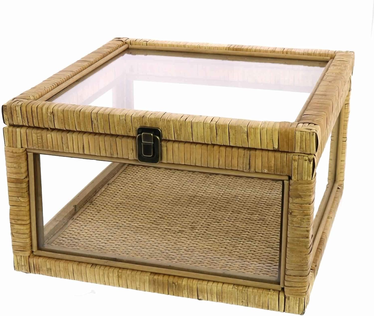 Amazon Com Benjara Glass Case With Woven Rattan Frame And Latch Lock Brown And Clear