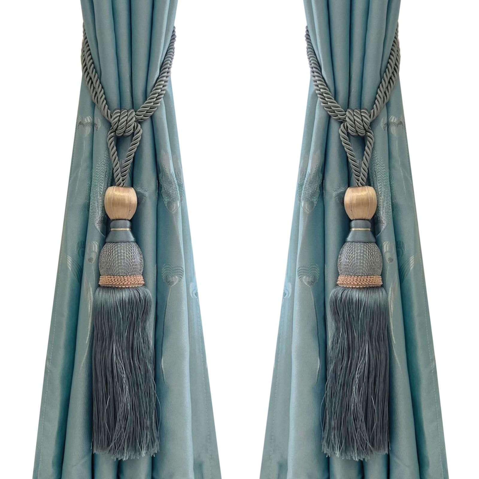 Photo 1 of Selling Wonderful Curtain Holdbacks Curtains Tiebacks Home Decorative Braided Buckle Fastener Accessories Window Drapery Ball Tassels Tiebacks, Set of 2(Gray Blue)