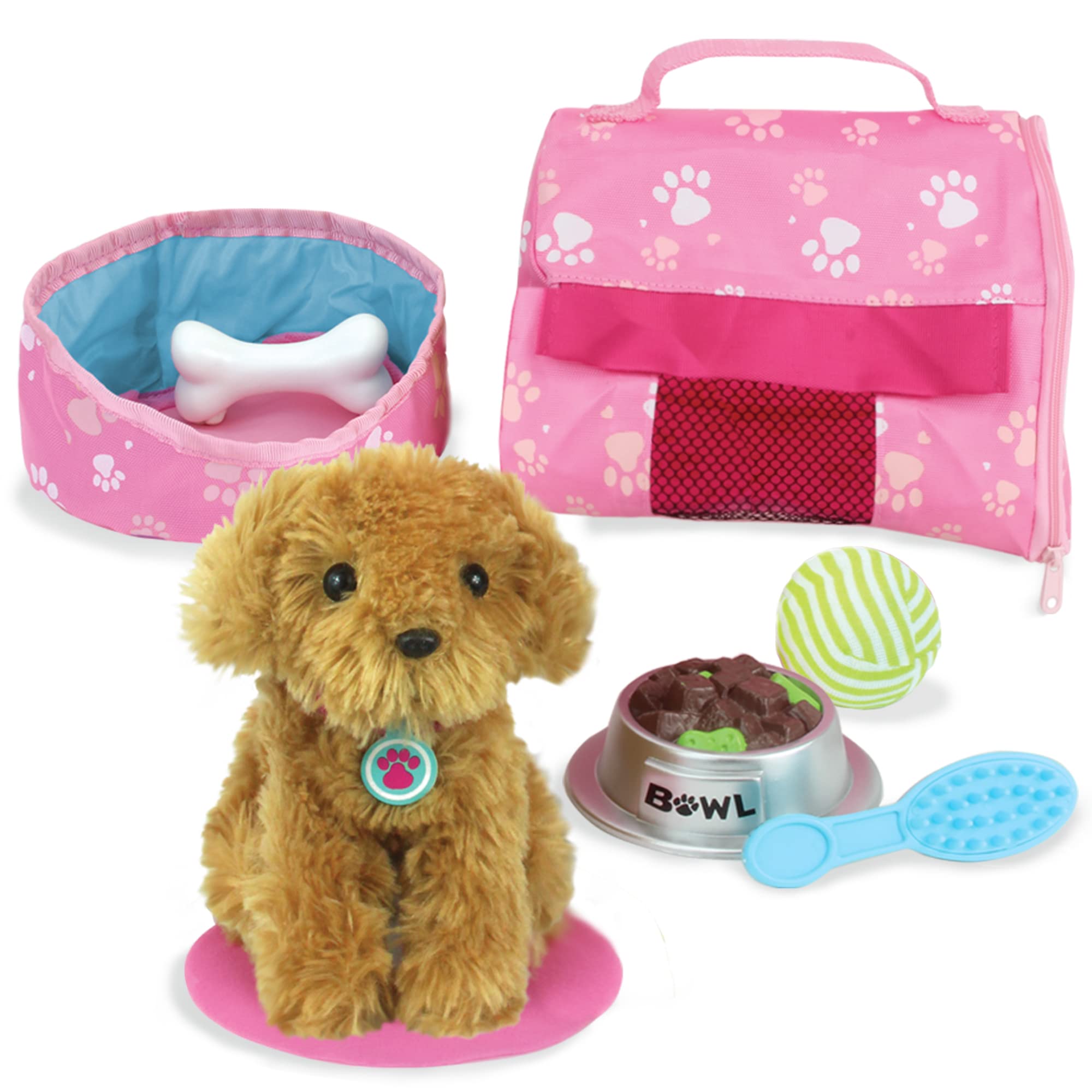 Photo 1 of Sophia's Golden Plush Puppy Dog and Accessories Set with Leash, Food Bowl, Brush, Ball, Bone, Bed, Blanket, and Carrier Sized for 18" Dolls, Multicolor