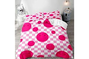 LUVIVIHOME 3PCS Cute Hot Pink Smiley Face Duvet Cover Full Bedding Set, Teen Girl Bedding, Retro Funky Trendy White Light Pink Checkered Comforter Cover, Preppy Room Decor Aesthetic, 2 Pillow Cases