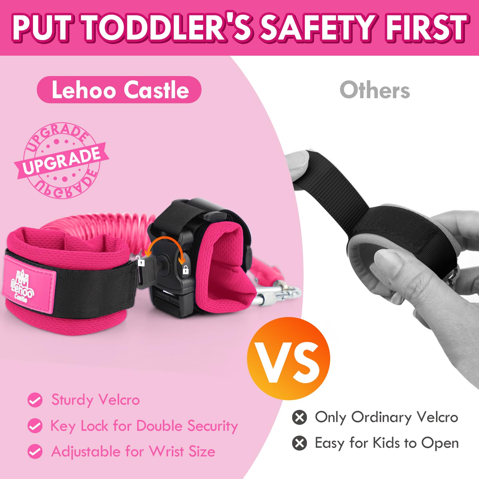 Lehoo Castle Toddler Leash for 1-5 Years, Baby Safety Harness for Girls with Anti-Lost Key Lock & Adjustable Strap, 3-in-1 Wrist Leash and Kids Backpack Harness for Walking Travel (Pink Minnie Mouse)