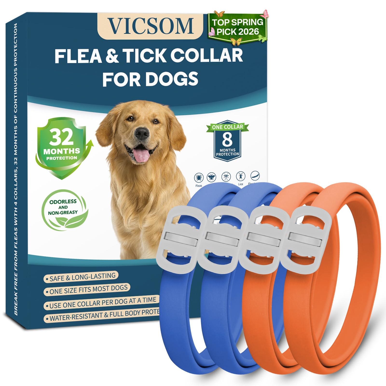 Photo 1 of Dog Flea and Tick Collar 4 Pack, Waterproof Adjustable Collar for Dogs and Puppies, 32-Month Prevention, Blue & Orange