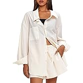 Darong Women's Summer 2 Piece Outfit Sets Long Sleeve Button Down Shirts Matching Short Sets Beach Vacation Lounge Set