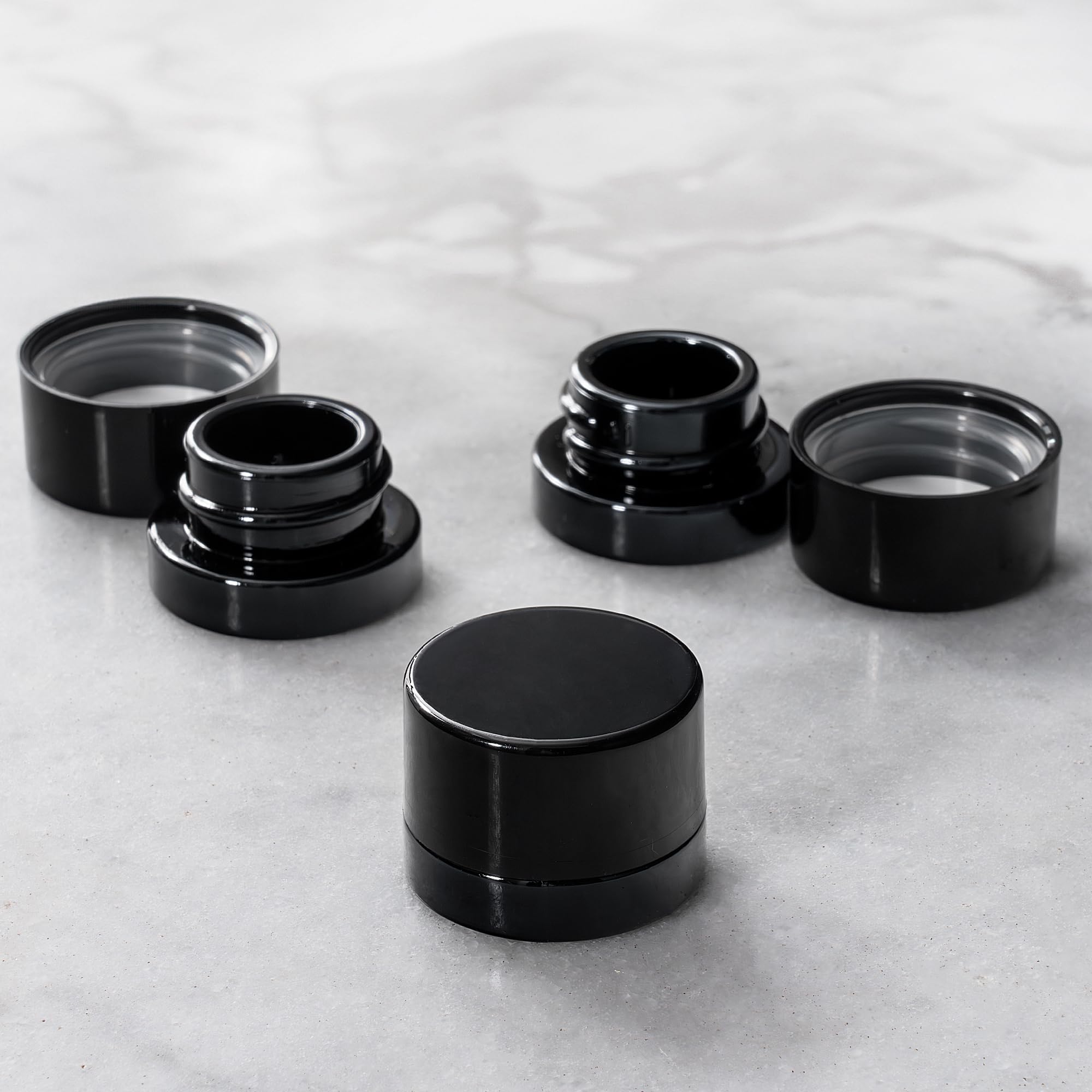 (200 Pack) 5ml Thick Black Glass Jars with Black Child Resistant Lids - UV Resistant - Storage for Oil, Lip Balm, Wax, Cosmetics - Mini Child Proof Container