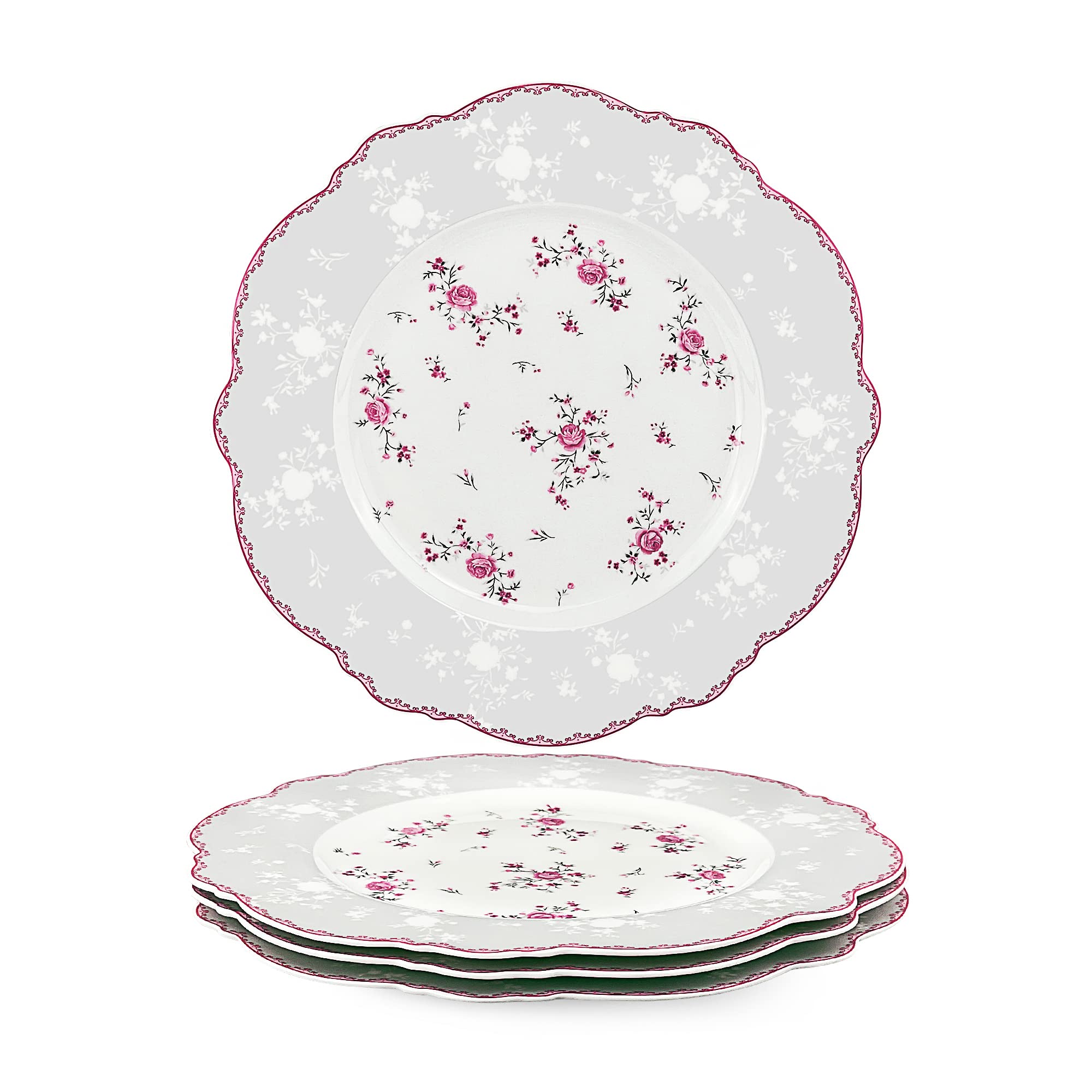fanquare 27.5cm Porcelain White Dinner Plates Set of 4, Pink Rose Floral Dinner Set, Royal Vintage Tableware for Christmas Party, Wedding