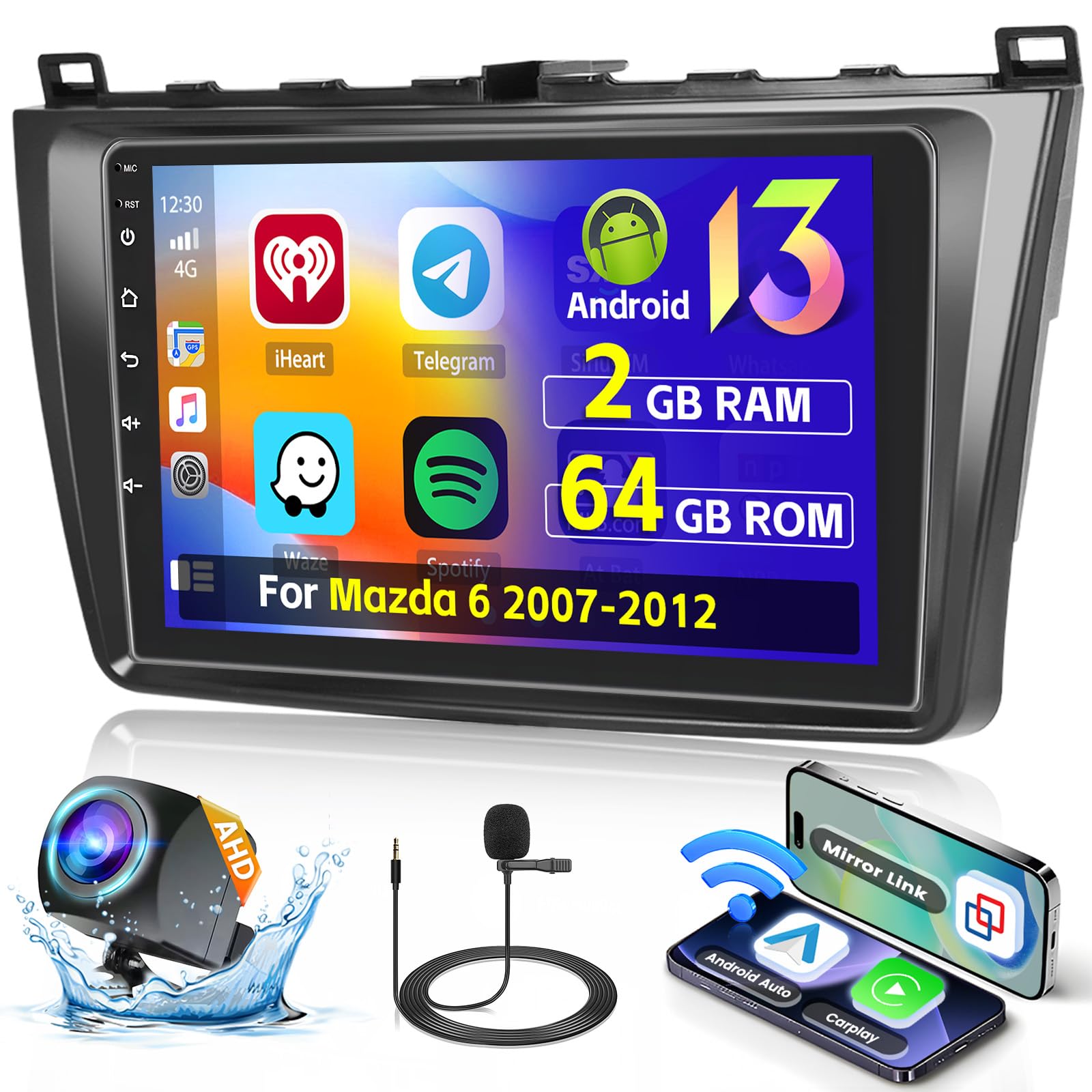 Photo 1 of [2+64G] Android 15 Car Stereo for Mazda 6 2007 2008 2009 2010 2011 2012, Wireless CarPlay Radio Android Auto, 9'' Touch Screen Car Radio GPS Mirror Link WiFi Backup Cam Bluetooth FM/RDS SWC