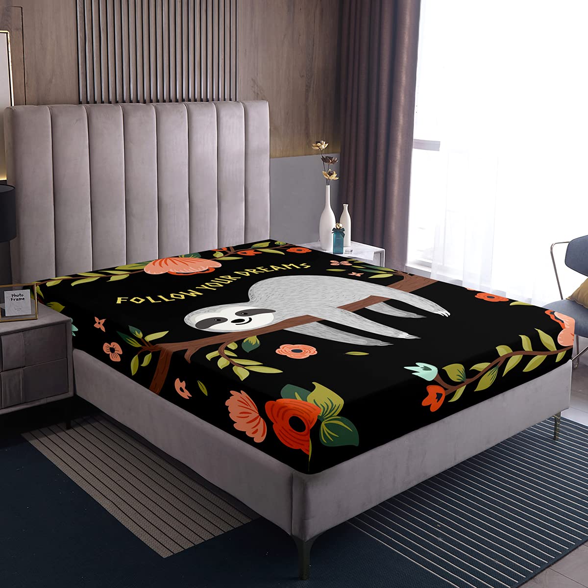 Loussiesd Luxury Sloth Fitted Sheet 100% Microfiber Breathable Cartoon Sloth Print Only Bedsheet No Pillowcases Fitted Sheets King(150x200+30cm) — image 1