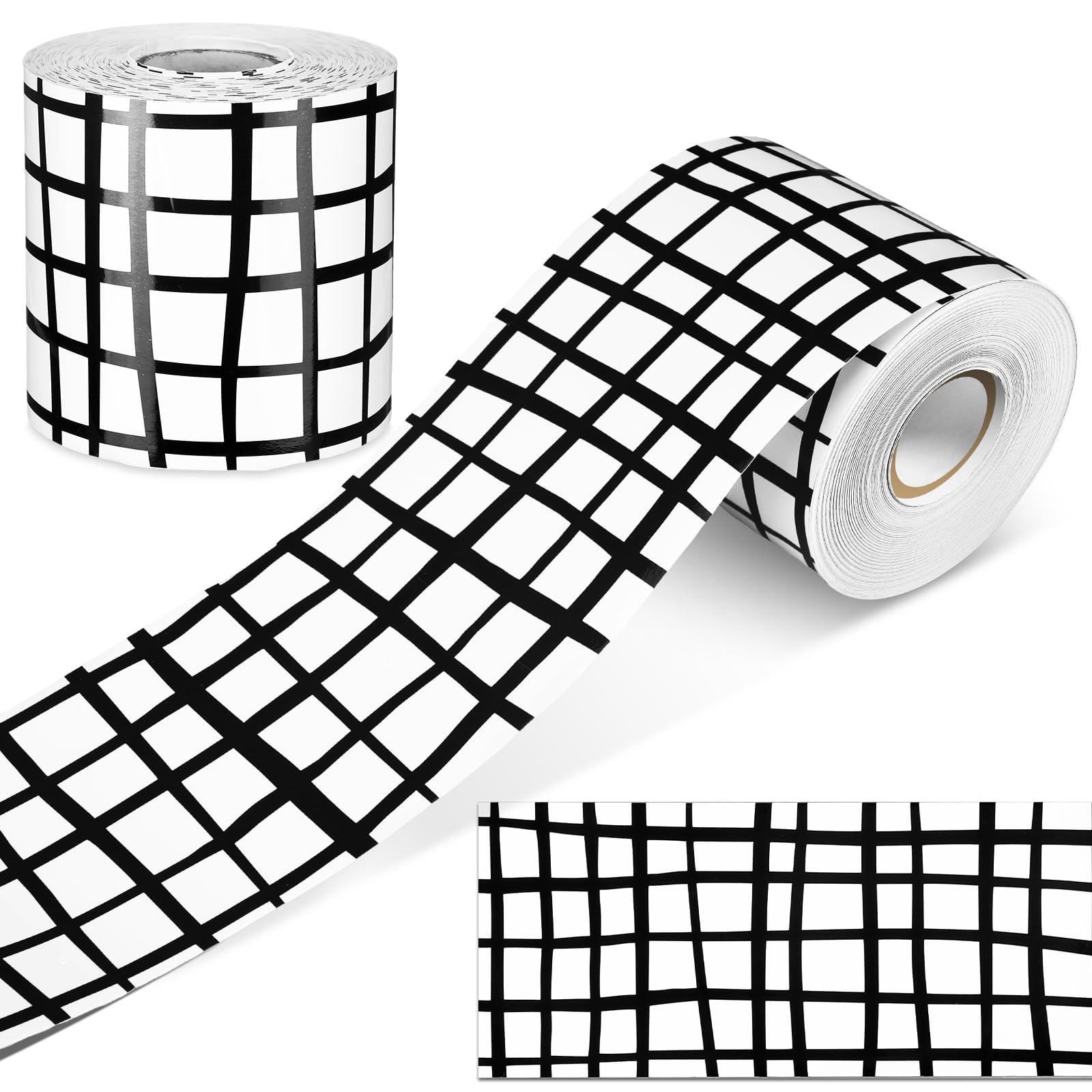Photo 1 of Zonon 65 Feet Bulletin Board Borders Black and White Polka Dots Striped Grid Borders Decorative Straight Scalloped Wavy Rolled Trim Classroom Back to School Decor(Black White Grid)