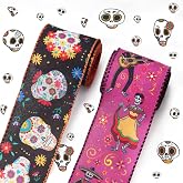 Threetols 2 Rolls 10 Yards Day of the Dead Wired Edge Ribbons, 2.5inch Black Purple Sugar Skull Flower Burlap Ribbon, Dia De Los Meurtos Ribbon for Mexican Halloween Party DIY Craft Wreath Decor