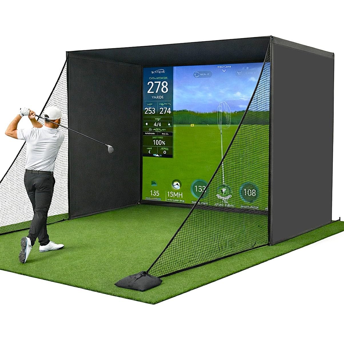 Photo 1 of Golf Simulator Enclosure for Home 10x8 ft Cage with HD Impact Sim Screen Two Shank Nets and Corner Foam Padding for Practice at Indoor Garage
