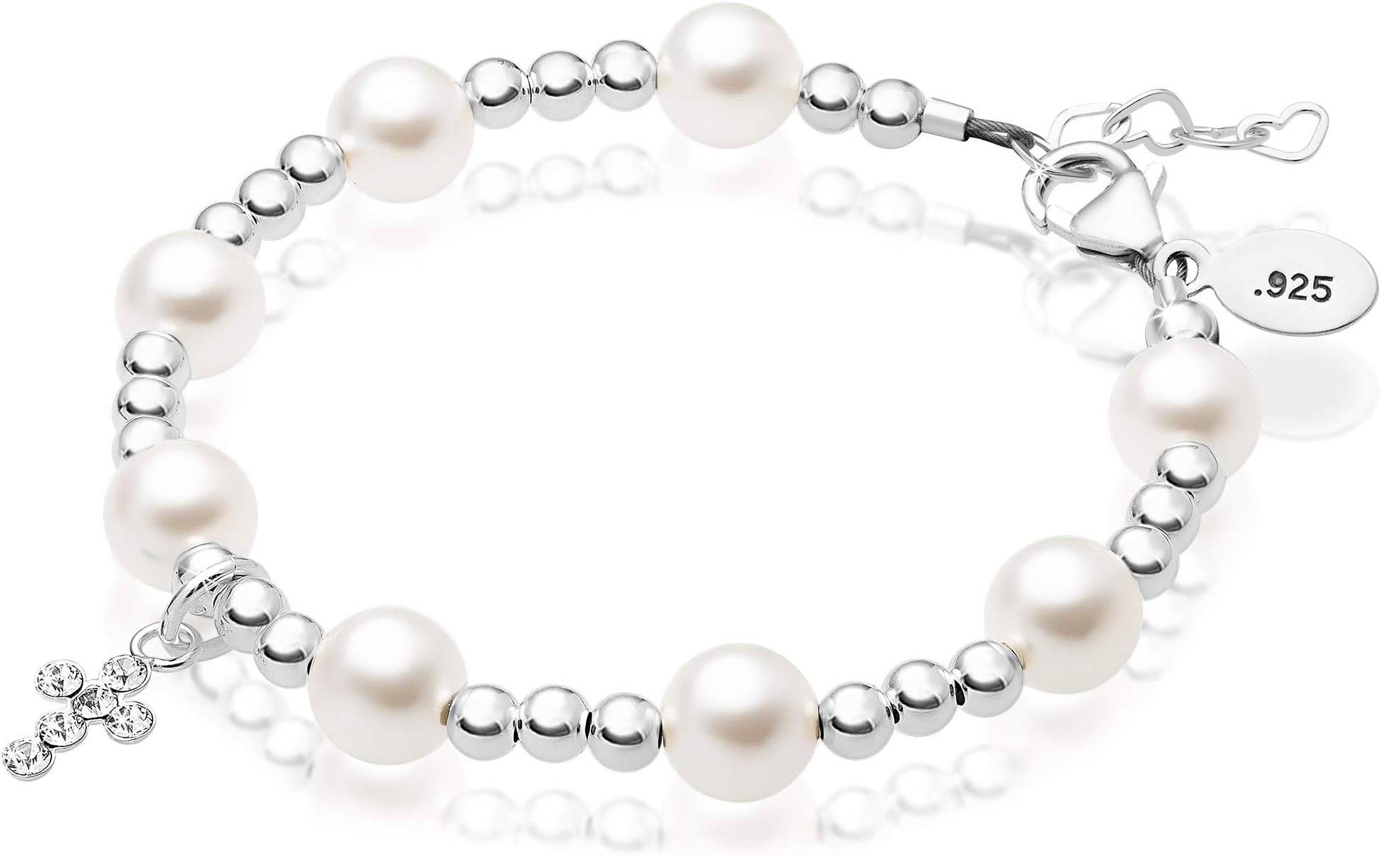 Baby Crystals Elegant Children’s Sterling Silver Little Girl Pearl Bracelet Gifts for Girls with Swarovski White Simulated Pearls & Silver Beads & Charm Crystals – Large (4-12 Years)