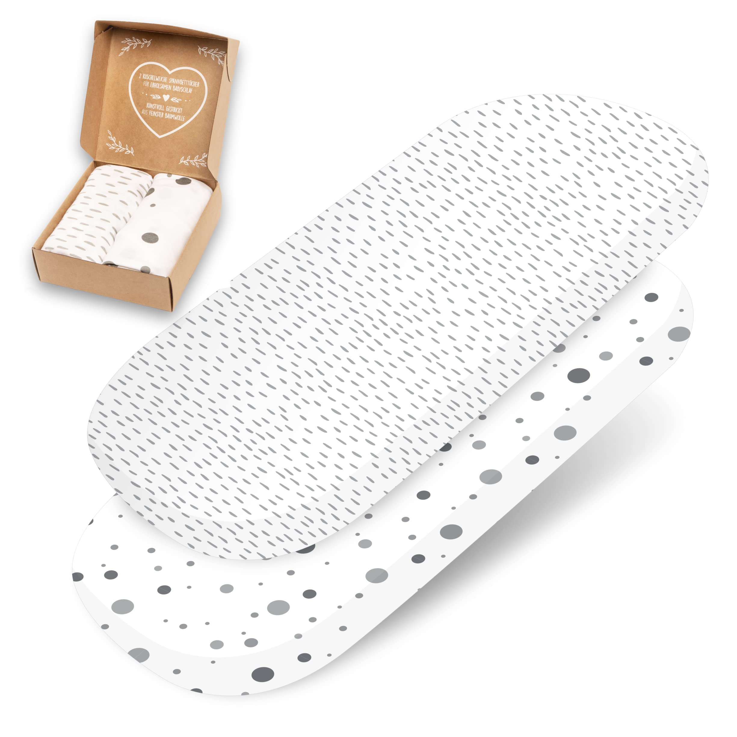 mimaDu Premium Fitted Sheet for Prams, Bassinets, Mattresses, 70 x 37 cm , 70 x 32 cm, 75 x 35 cm, 100% Oeko-Tex Cotton (Stripes and Dots)