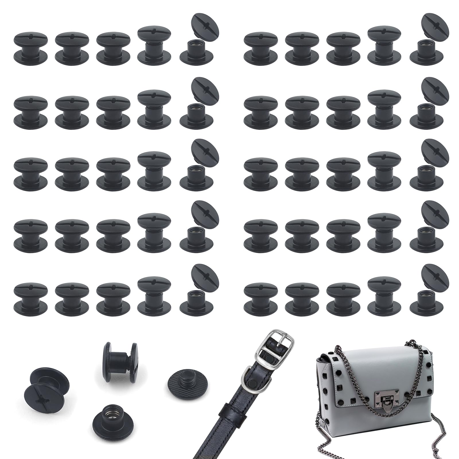 JJWNMLL 80 Sets Chicago Screw Posts M5*10mm, Rivet Chicago Binding Screws, Metal Rivet Replacement Repair for Bags, Collar, Harness, Luggage, Purse, Dog Lead, Backpack, Belt - Matte Black