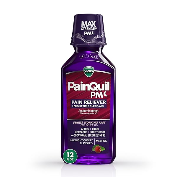 VICKS PAINQUIL PAIN RELIEF ACETAMINOPHEN 1000MG MAX STRENGTH ADULT PAIN RELIEVER LIQUID 12OZ, BACKACHE HEADACHE RELIEF, 1 NIGHTTIME PAIN RELIEVER + SLEEP AID
