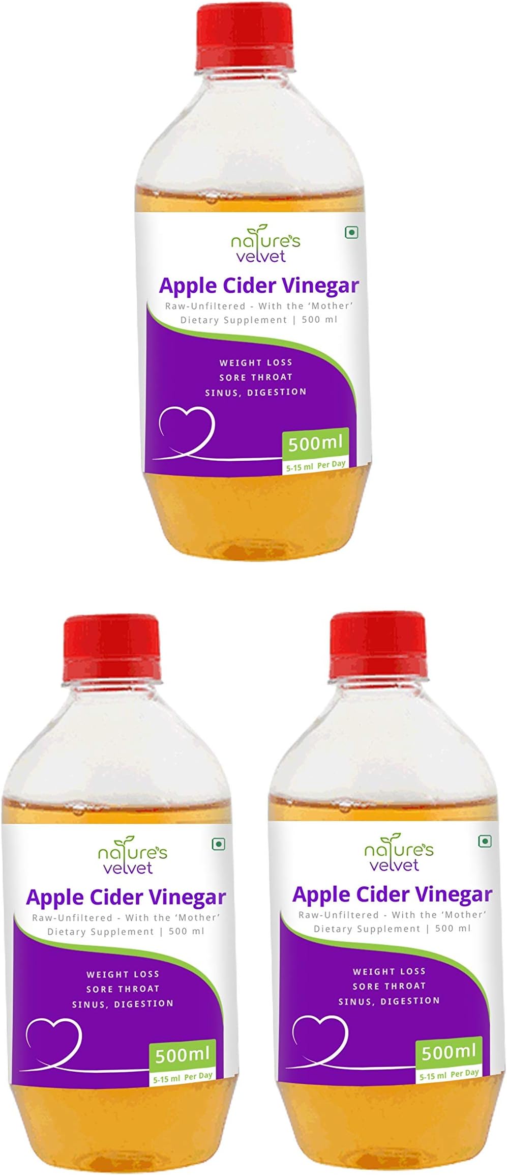 Natures Velvet Lifecare Apple Cider Vinegar With Mother of Vinegar- 500 ml, Unfiltered, Unpasteurised - Pack of 3