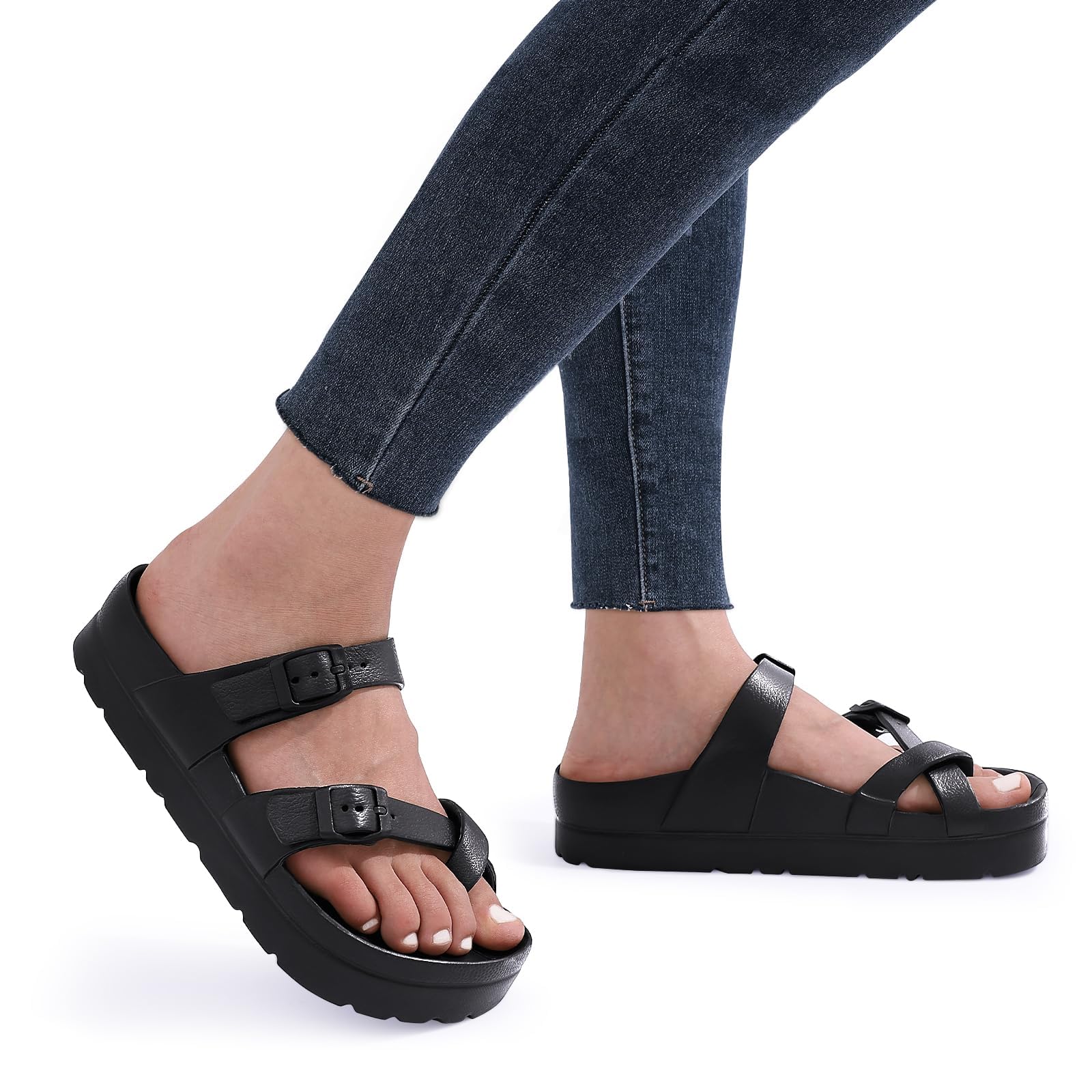 Women's Platform Sandals with Arch Support Comfortable Foam Slides Summer Beach Sandals with Adjustable Buckle