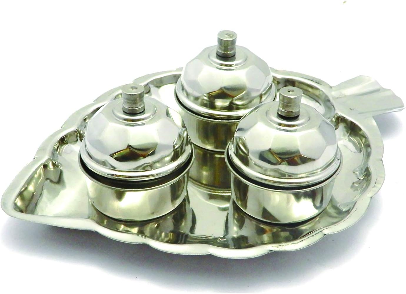 Leaf Shaped Thali with Haldi Kumkum Containers Pooja Thali Set in Steel ...