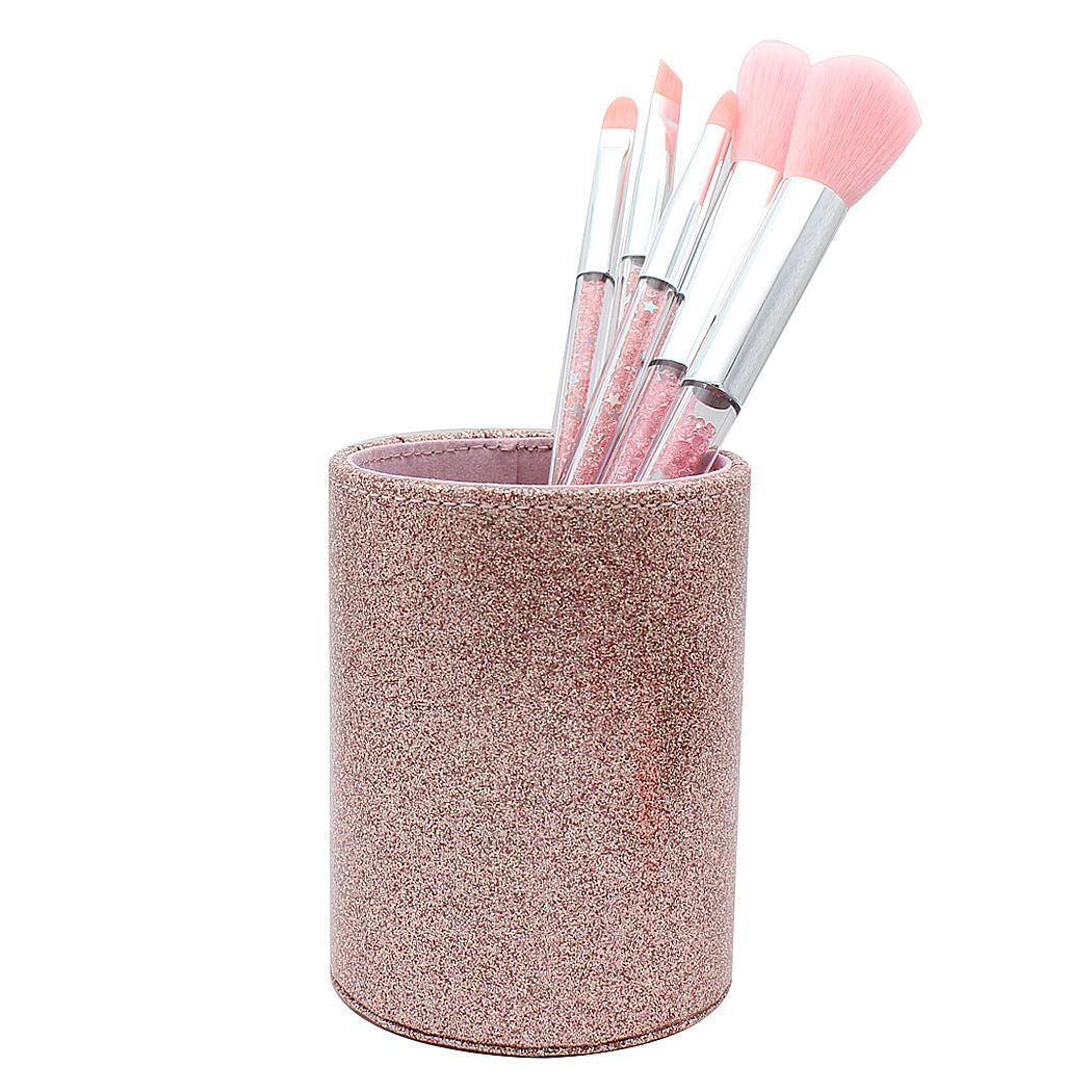 SIPLIV Glitter Bling Pen Holder Makeup Brush Holder PU Leather Multi-Functional Desk Organizer Pen Holder, Gift for Office Classroom Home, Rose Gold