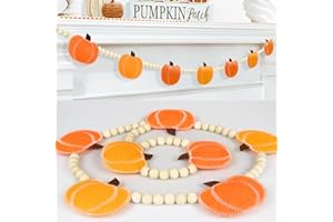 CESOF Thanksgiving Decorations Pumpkin Garland, Adjustable Wood Bead Felt Pumpkins Hanging Garland, Fall Banner for Home Mantel Fireplace Indoor Room Office Table Wall Halloween Farmhouse Decor