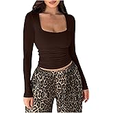 SHENHE Women's Square Neck Long Sleeve Double Lined Y2K Going Out Slim Fit Crop Top