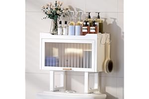 Cozivolife Over The Toilet Storage Cabinet, Bamboo Bathroom Organizer Rack with Lid and 2 Hooks, No Drilling Design Wall Mounted Space Saver Shelf for WC (White, M)