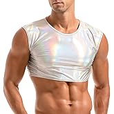 AMY COULEE Mens Metallic Crop Tops Sexy Shiny Tops Sleeveless Muscle Half Tank Tops Nightclub Party Tops
