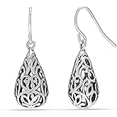 LeCalla 925 Sterling Silver Filigree Dangle Drop Earrings | Lightweight Antique Balinese Teardrop Dangle Drop Earring for Women