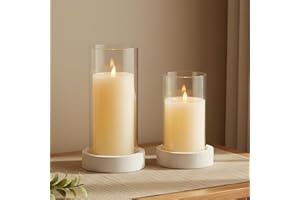 Ronasip Set of 2 Hurricane Candle Holders with Wood Base & Glass Cylinder (4.2x5.9” & 4.6x7.8”) – Rustic Wooden Candle Holders for Home Decor, Weddings, Table Centerpieces