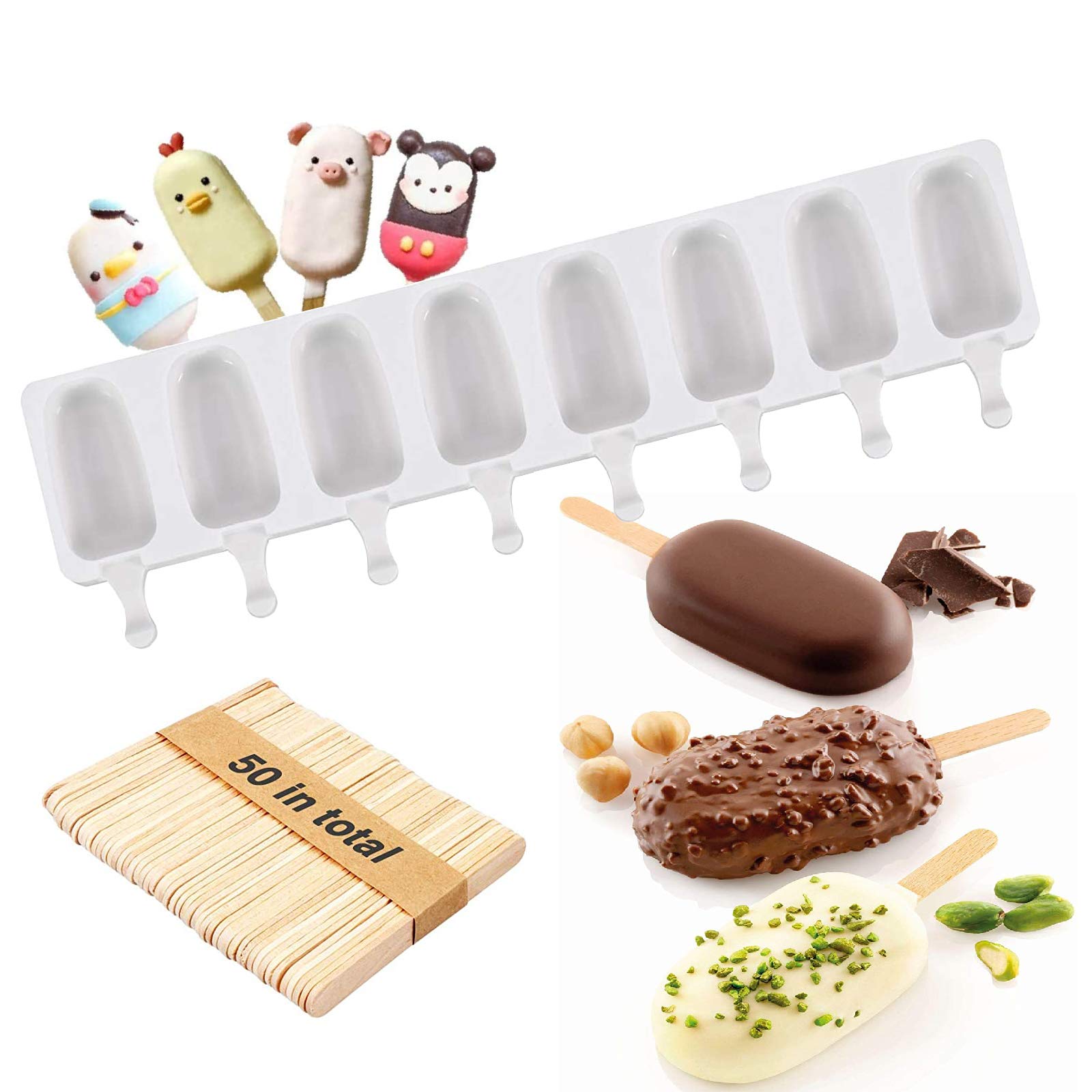 Ice lolly silicone mold, ice lolly mold silicone, ice lolly silicone ice lolly mold silicone mold for 8-cavity ice lolly, 70 ml each, with 50 wooden sticks (ice cream molds silicone)