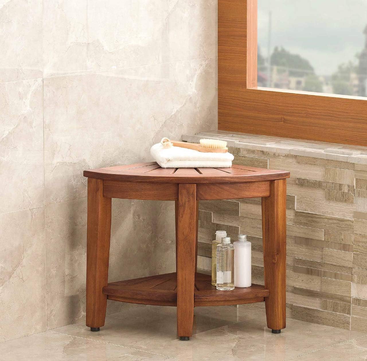AquaTeak The Original 15.5" Kai Corner Teak Shower Bench with Shelf: Health & Personal Care