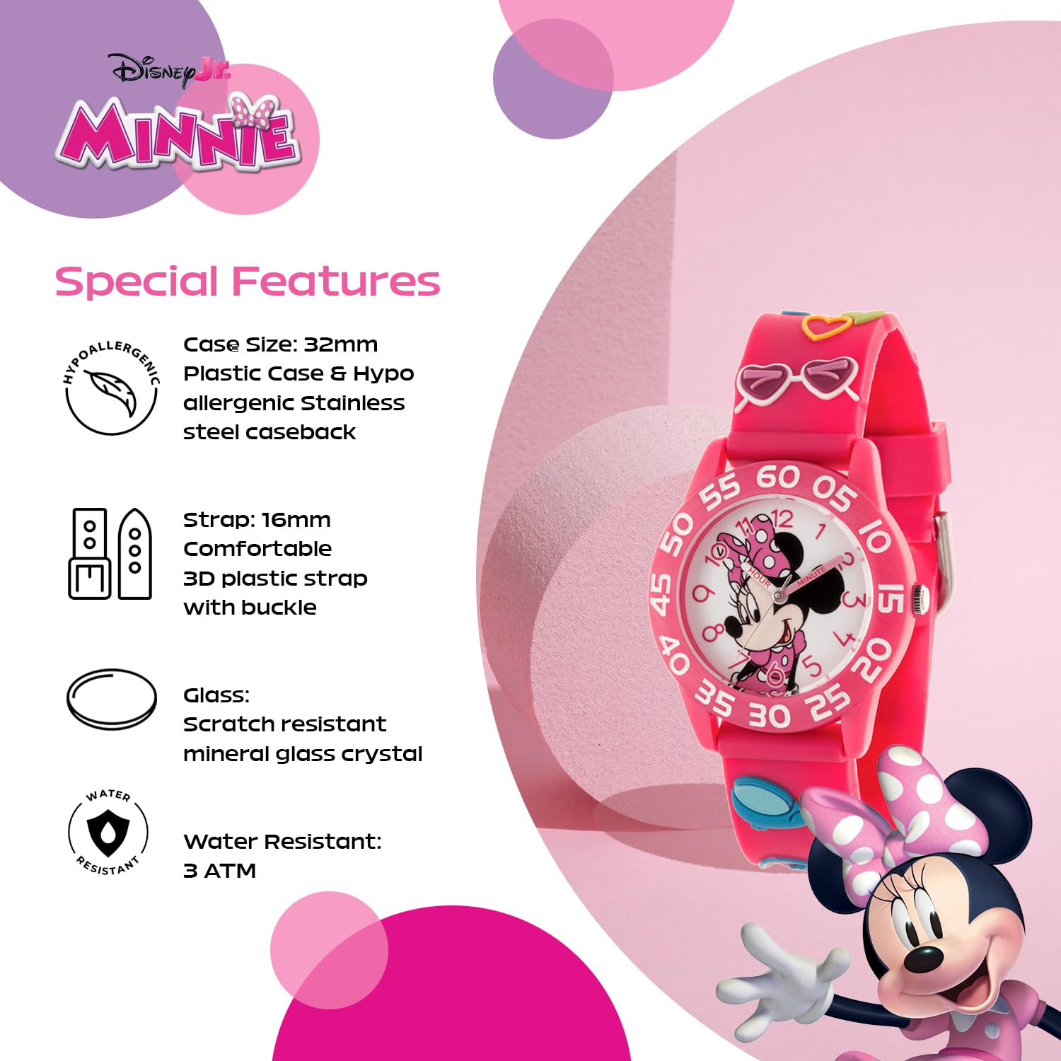 Disney Minnie Mouse Watch for Girls – Perfect Minnie Watch for Toddlers & Young Girls Learning to Tell Time – Cute Watches Kids 3-5 with White Bezel, Easy-Read Dial & Adjustable Nylon Strap