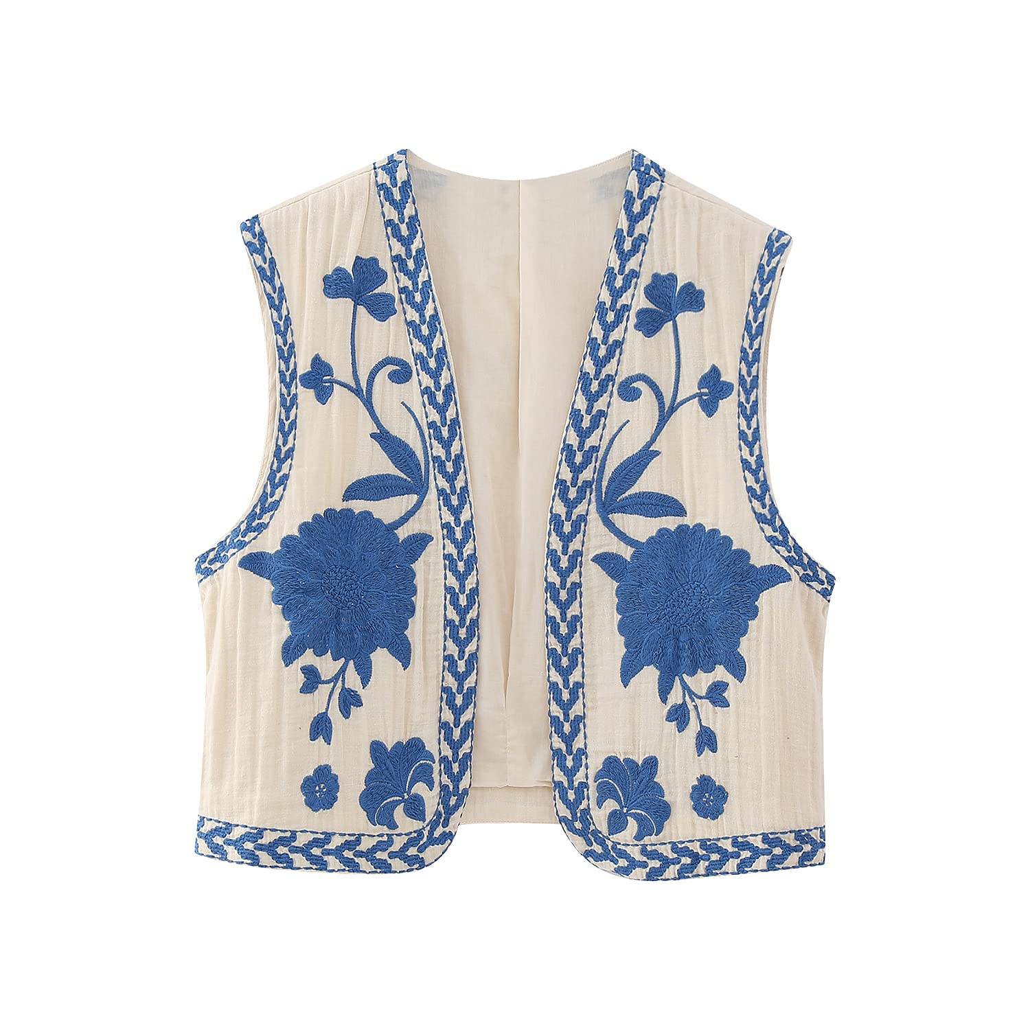 Photo 1 of hathne Women's Floral Embroidered Vest Boho Vintage Sleeveless Open Front Cardigan Shirt Vests Waistcoat(Blue,L)