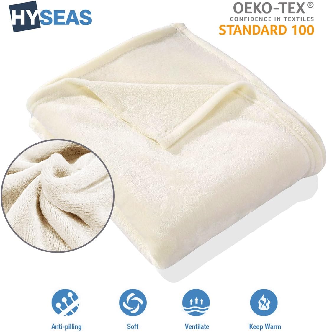 HYSEAS Ivory Lightweight Microfibre Blanket. Cuddly and Breathable Throw with Velvet Touch. Perfect for Sofas, Beds and Chairs 150 x 200cm.