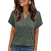 AUTOMET Womens Spring Top Summer Short Sleeve T Shirt Business Dressy Casual Blouse Henley V Neck Sweater Loose Fit Tee Tunic