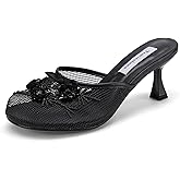 Tracieshoes Women's Mesh Mule Slip On Sandals With Floral Sequin Embellishments Round Toe Middle Heel Slides Slippers 2.5 Inch