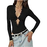 SweatyRocks Women's Lace Twist Front Bodysuit Long Sleeve V Neck Trim Leotard Fitted Going Out Tee Tops