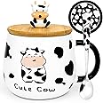 Arawat Cute Cow Mug Gifts Kawaii Cup Cow Coffe Mugs with Lid and Spoon Cow Print Stuff Kitchen Decor 400ml Ceramic Tea Coffee Cow Mugs 3D Animal Mug Birthday Gifts for Women Men Girls Kids Cow Lovers