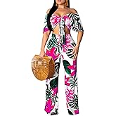 sexycherry Two Piece Outfits for Women Beach Bandage Crop Top Long Straight Pants Vacation Swimwear Cover Ups Sets