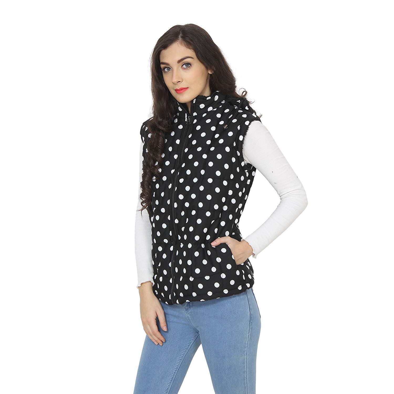 my swag women's polka dot crepe sleeveless quilted hooded jacket